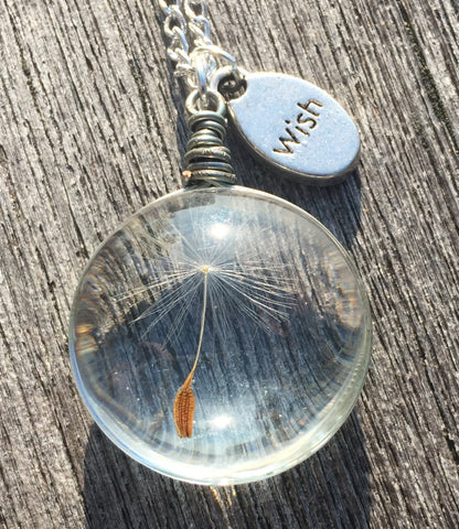 Glass (Wish) Pendant Necklace with Real "Dandelion Seed" Jewelry